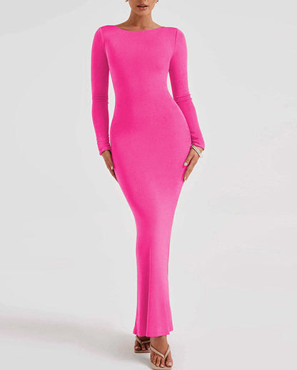 Backless Criss-Cross Tie High-Waist Hip-Hugging Long-Sleeved Dress Fuchsia