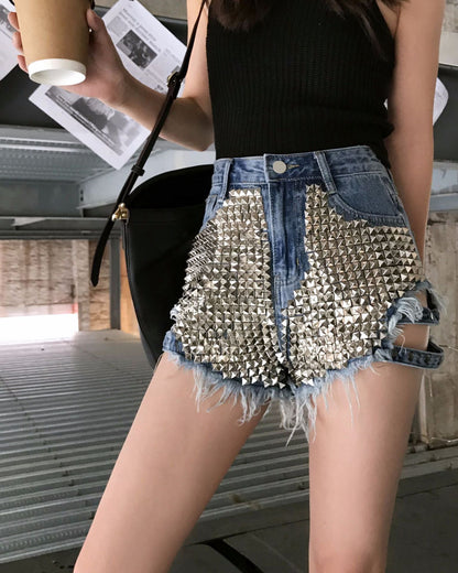 Side-Tie Fully Studded High-Rise Denim Shorts Blue