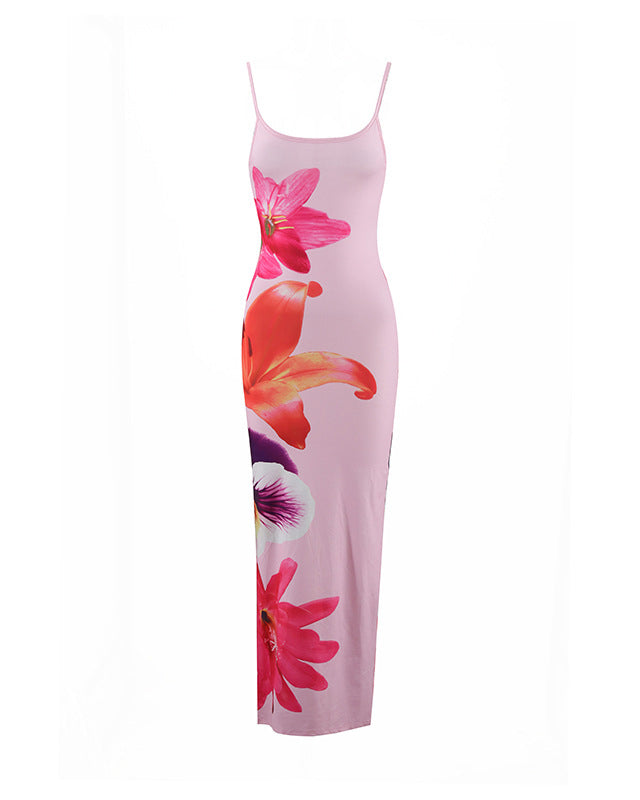 Strappy Floral Print Slim Long Dress