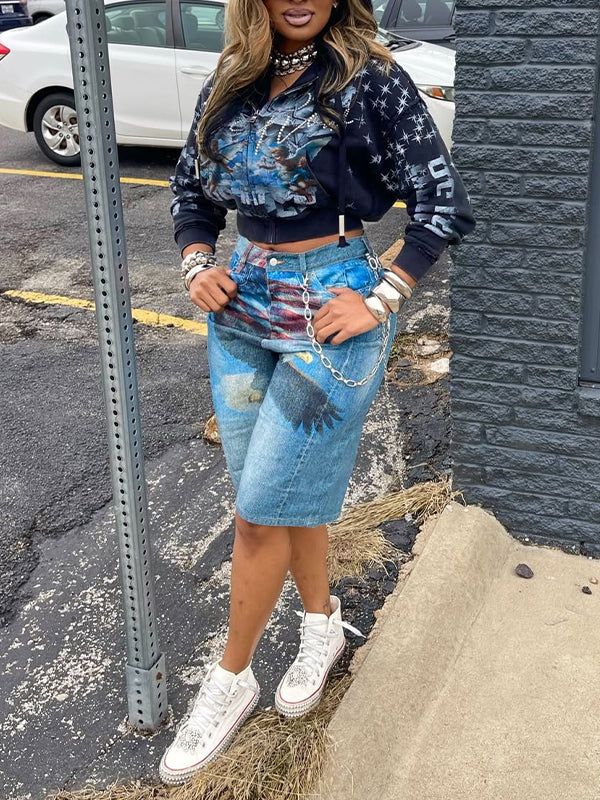 Printed Bermuda Denim Shorts