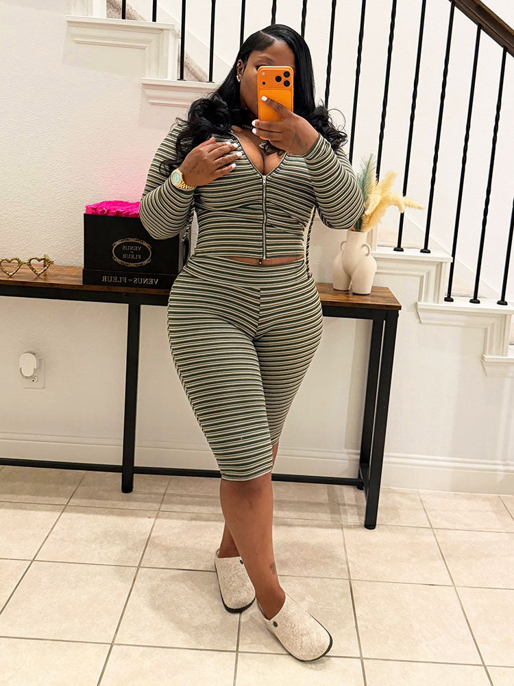 Striped Ribbed Hoodie & Capri Leggings Set
