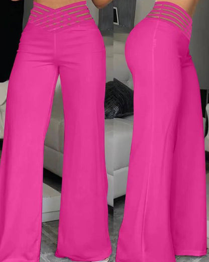 Cut-Out Belt High-Waisted Casual Wide-Leg Pants