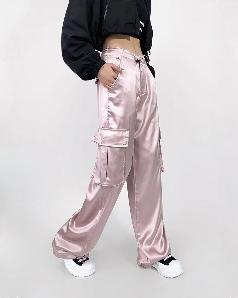 Loose Straight High-Waisted Casual Satin Overalls