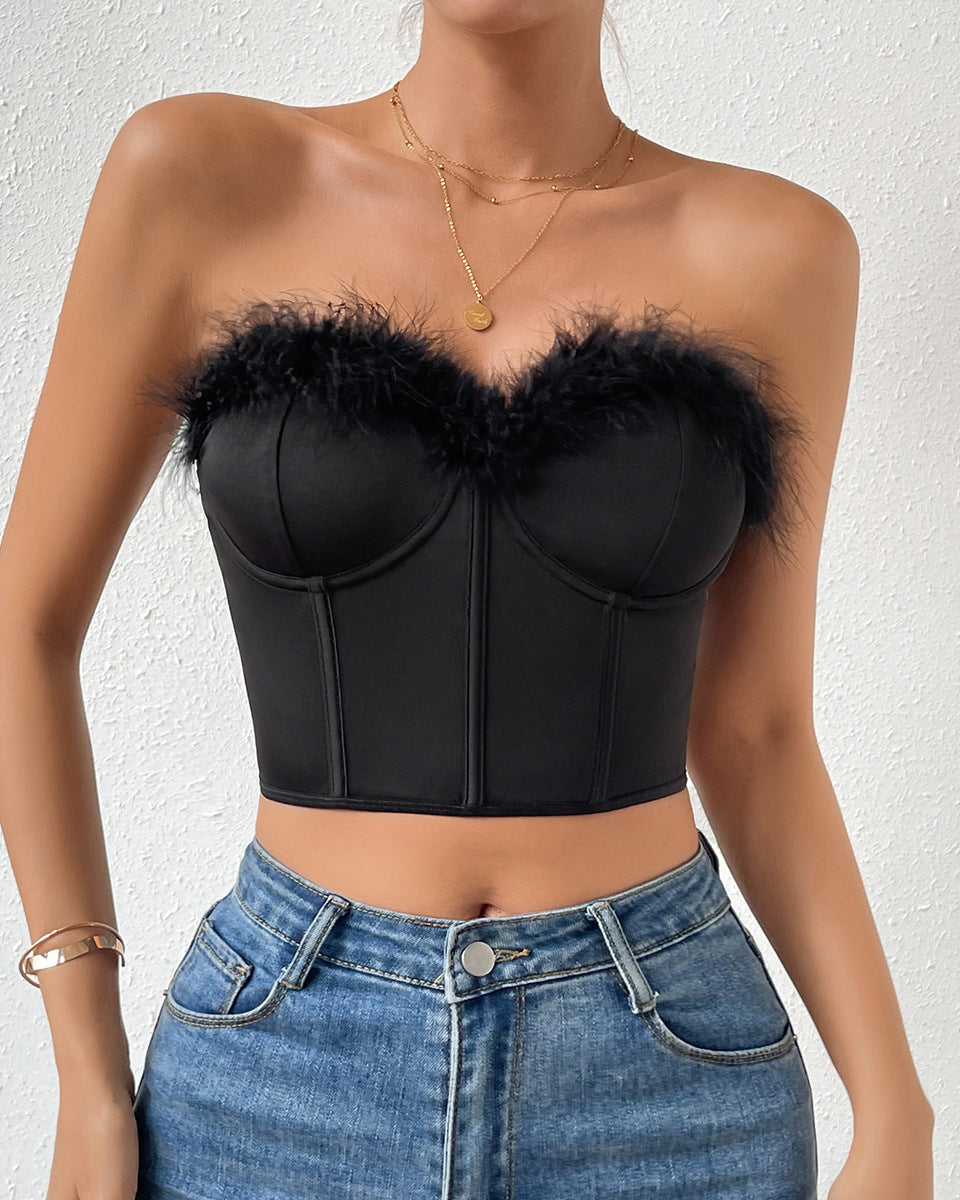 Low-Cut Feather Paneled Short Underwired Herringbone Top Black