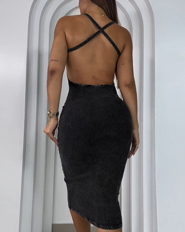 Vintage Strappy Backless Ribbed Dress (Pre-sale)