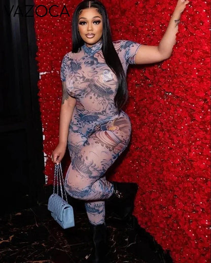 A Print Mesh Jumpsuit Blue