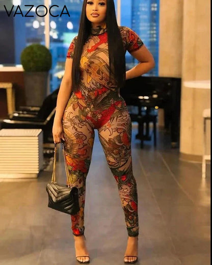 A Print Mesh Jumpsuit Red