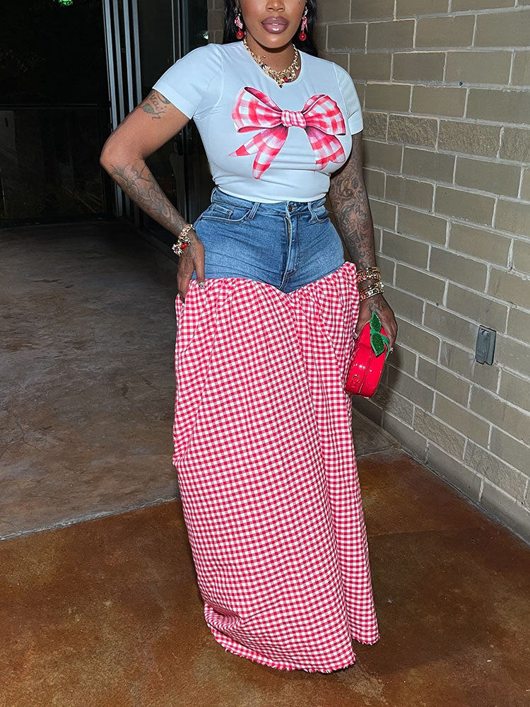 Bow Printed Top & Denim Gingham Pants Set