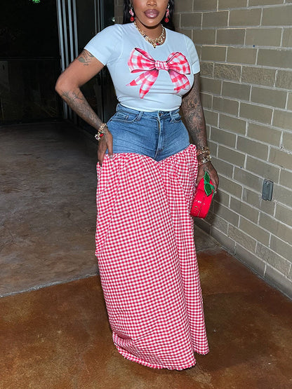 Bow Printed Top & Denim Gingham Pants Set