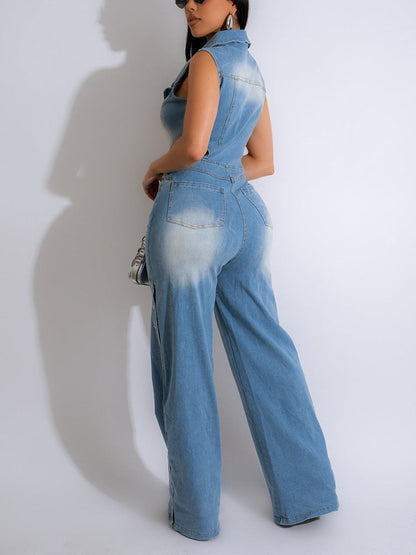 Snap Button Wide Denim Jumpsuit