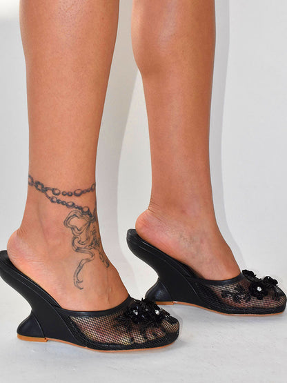 Floral Embroidered Mesh Wedge