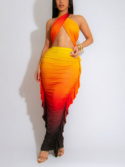Sunset Ombre Ruched Skirt Set