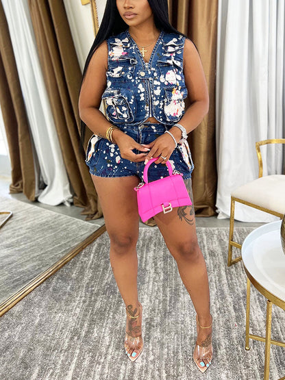 Splash Denim Cargo Vest & Shorts Set