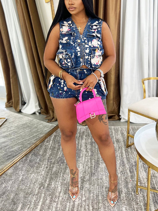 Splash Denim Cargo Vest & Shorts Set