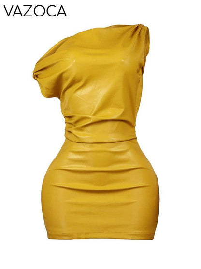 One Shoulder Leather Mini Dress