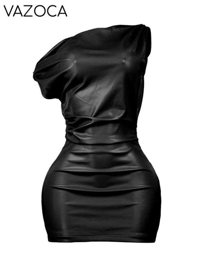One Shoulder Leather Mini Dress