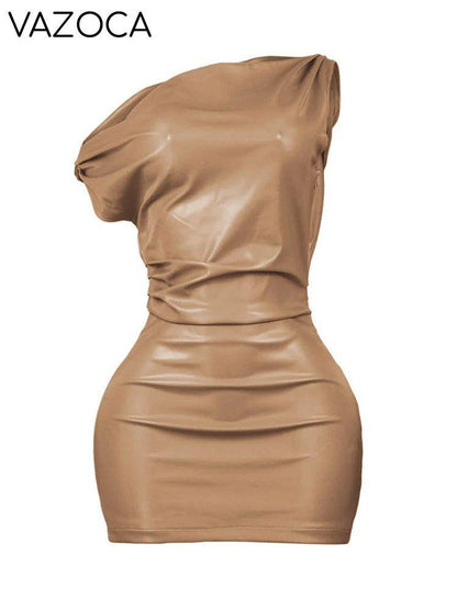 One Shoulder Leather Mini Dress