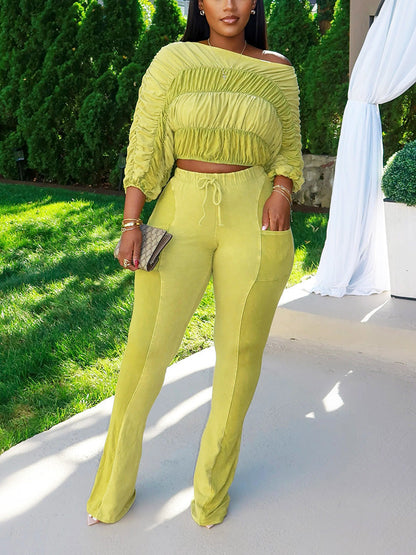 Washed Ruched Top & Flared Pants Set