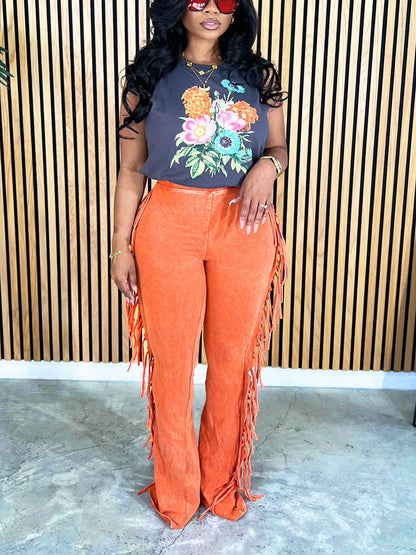 Washed Fringe Flare Pants