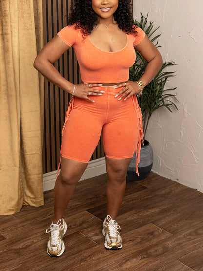 Mineral Washed Fringe Biker Shorts Set