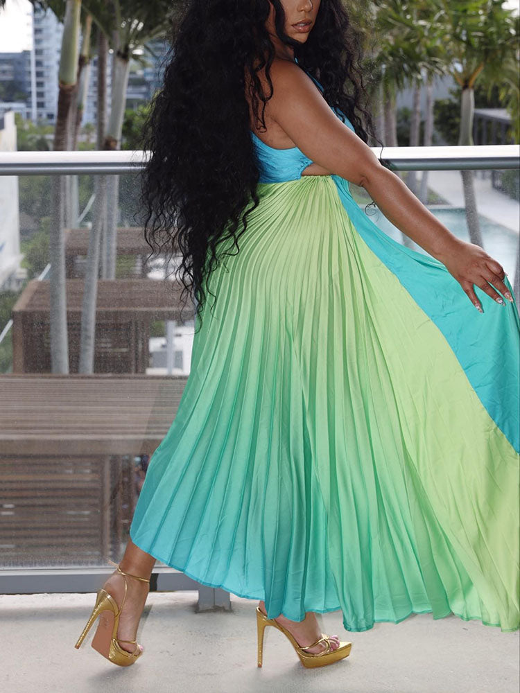 Gradient One Shoulder Pleated Dress