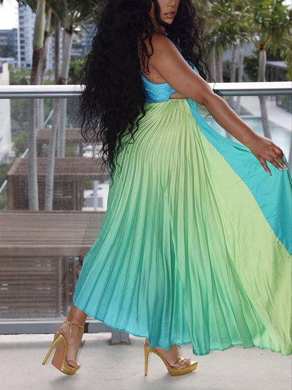 Gradient One Shoulder Pleated Dress