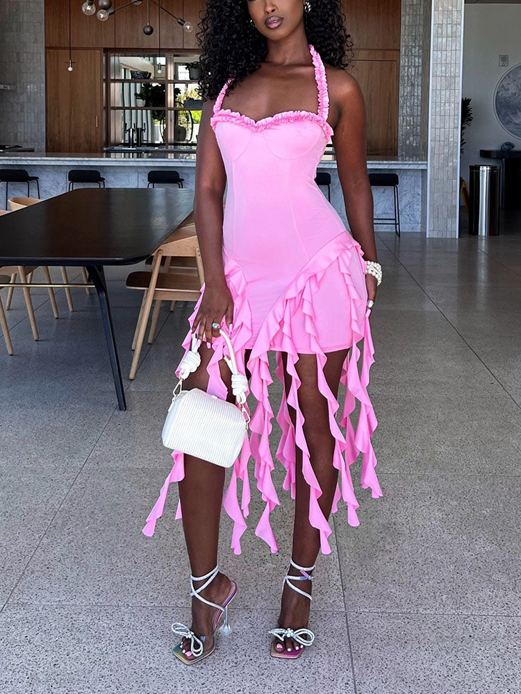 Ruffle Trim Halter Dress