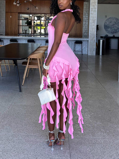 Ruffle Trim Halter Dress