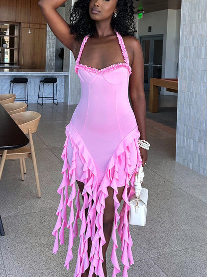 Ruffle Trim Halter Dress
