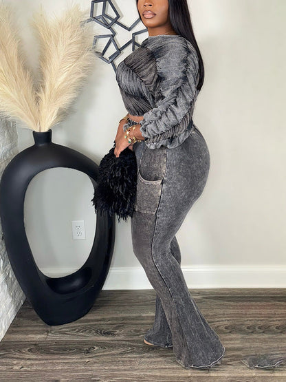 Washed Ruched Top & Flared Pants Set