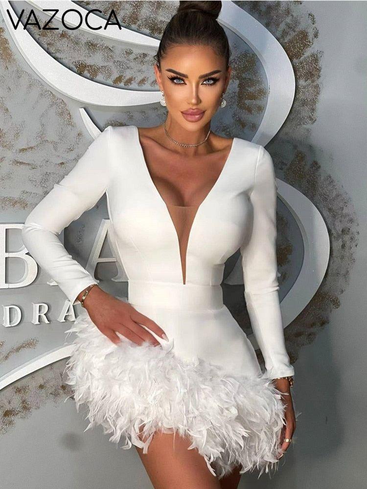 Aina Feather Bandage Dress White