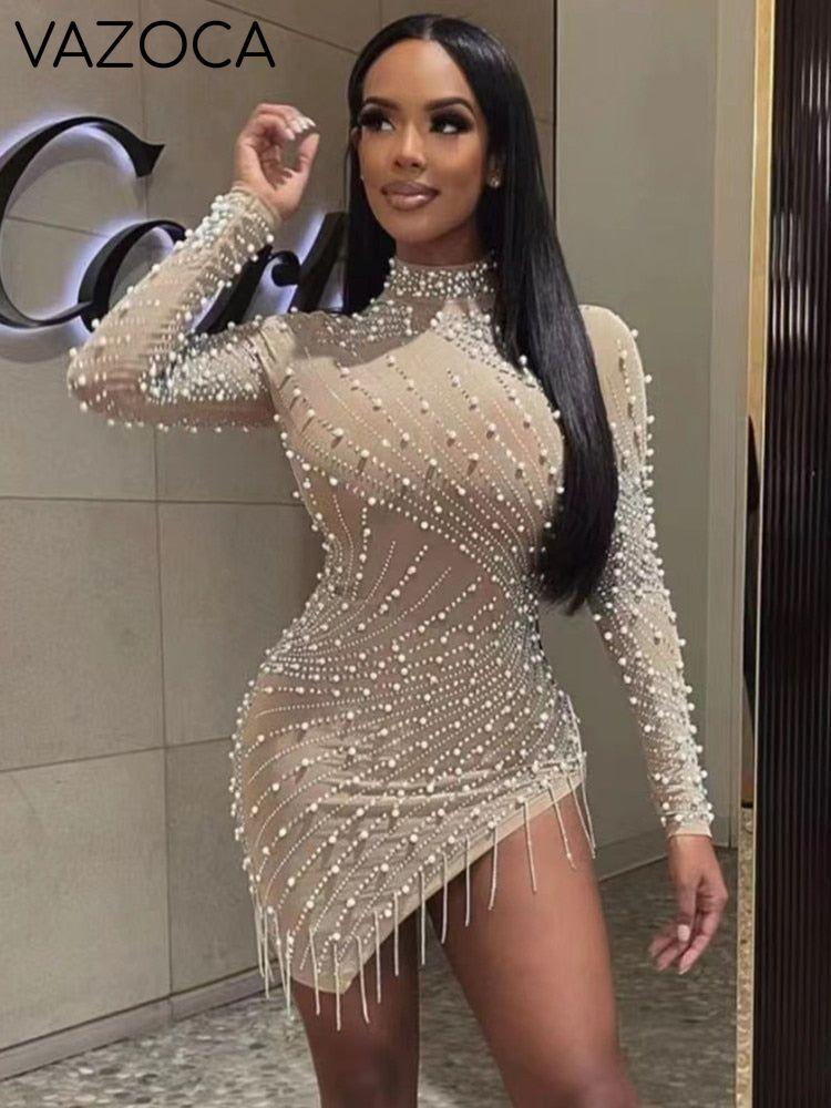 All Luxury Mesh Studded Mini Dress