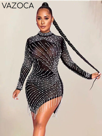 All Luxury Mesh Studded Mini Dress