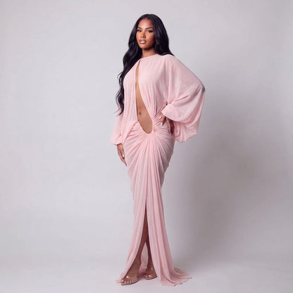 Sheer Cutout Draped Maxi Dress