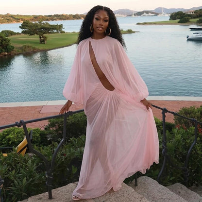 Sheer Cutout Draped Maxi Dress