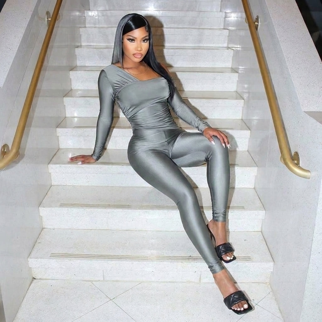 One Shoulder Ruched Two-Piece Set