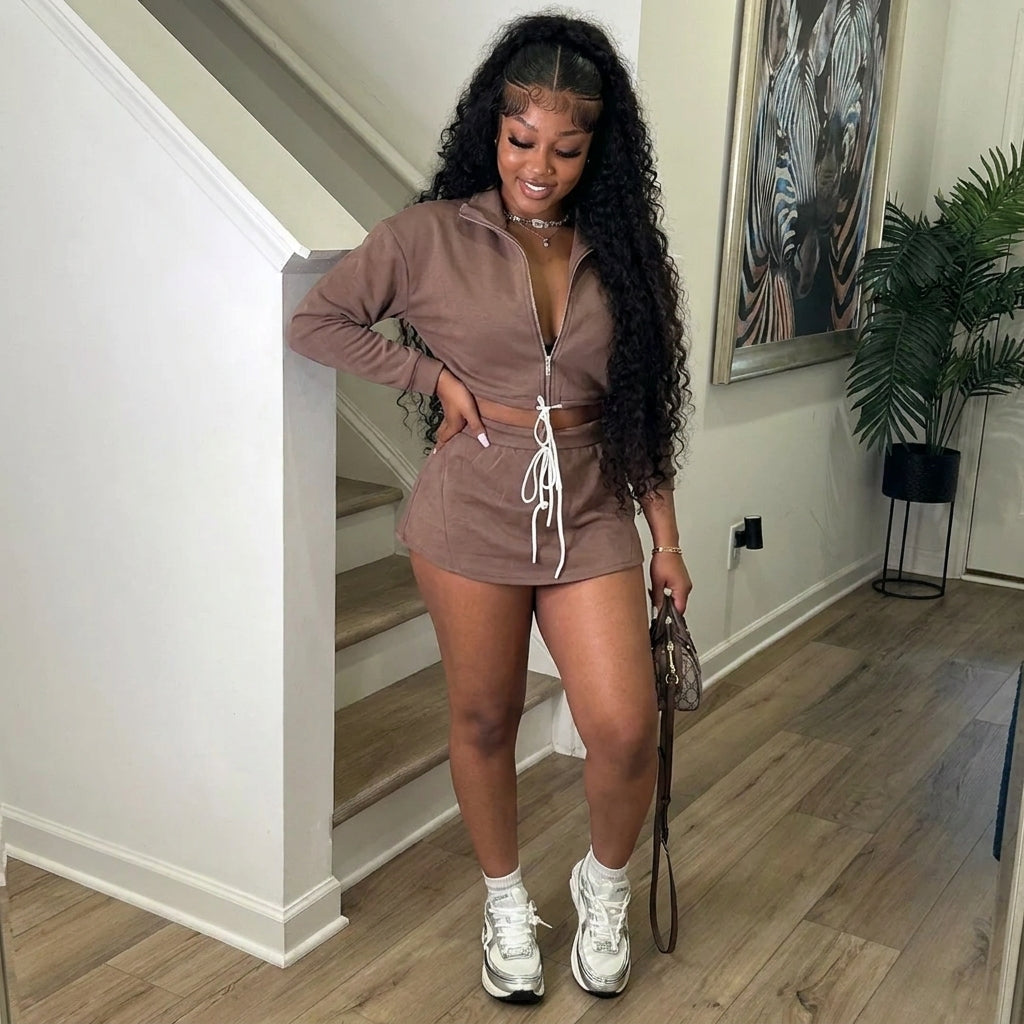 Zip Up Drawstring Skirt Set