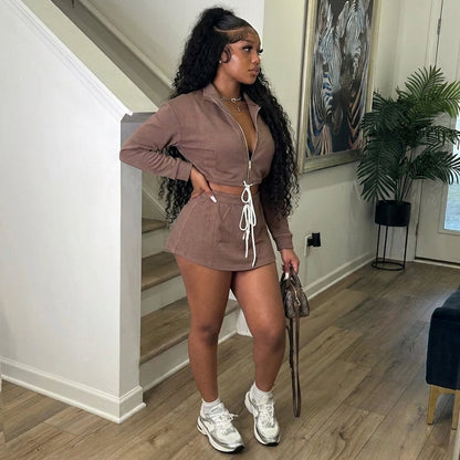 Zip Up Drawstring Skirt Set