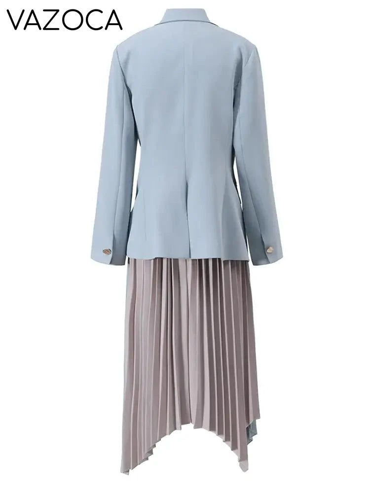 Asymmetric Contrast Pleated Blazer Skirt Set