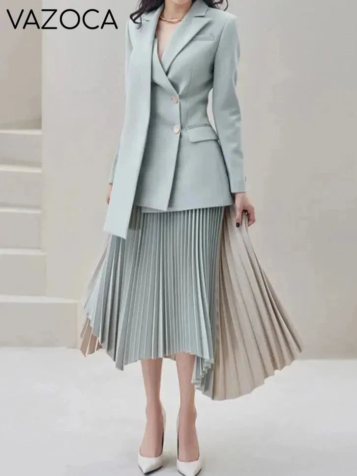 Asymmetric Contrast Pleated Blazer Skirt Set