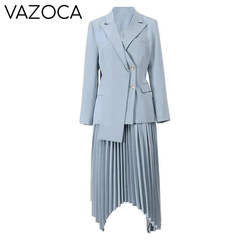 Asymmetric Contrast Pleated Blazer Skirt Set
