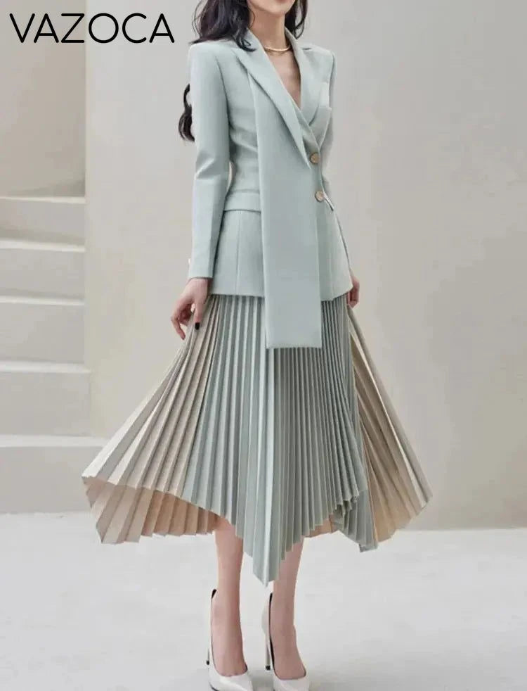 Asymmetric Contrast Pleated Blazer Skirt Set