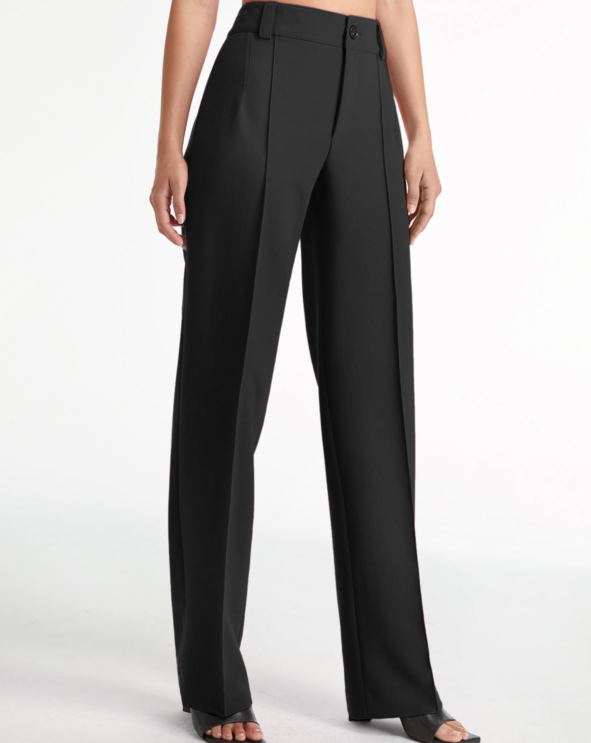 High Waisted Pleat Front Solid Colored Straight Leg Trousers