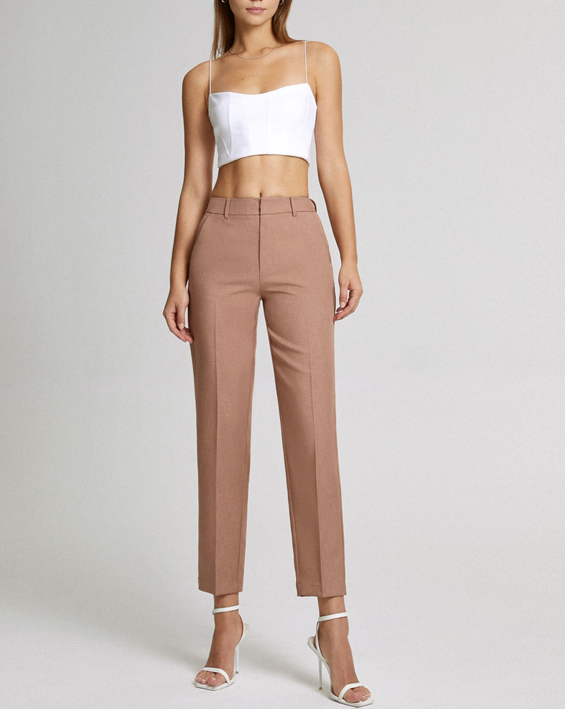 High Waisted Cropped Skinny Straight Leg Trousers