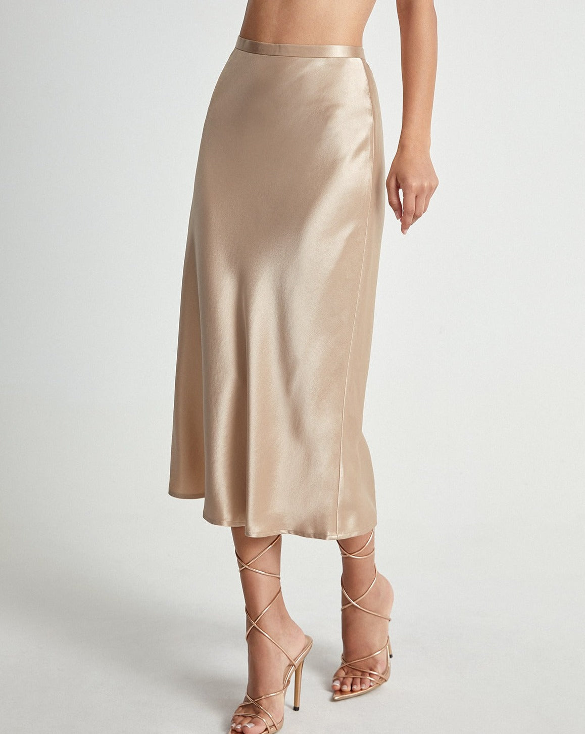 High Waisted Satin Flowy Midi Skirt Apricot