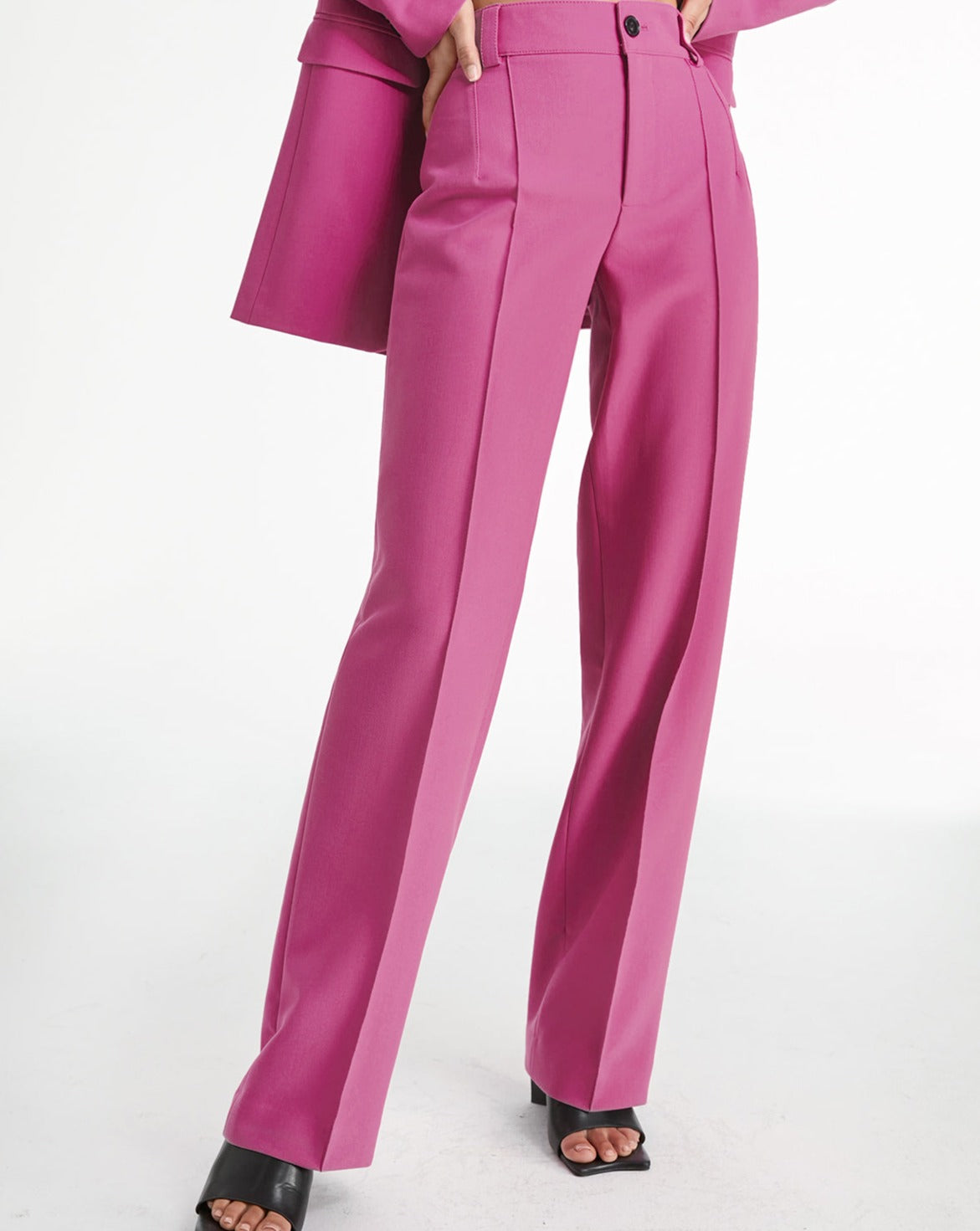 High Waisted Pleat Front Solid Colored Straight Leg Trousers Fuchsia