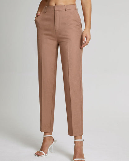 High Waisted Cropped Skinny Straight Leg Trousers Light Brown