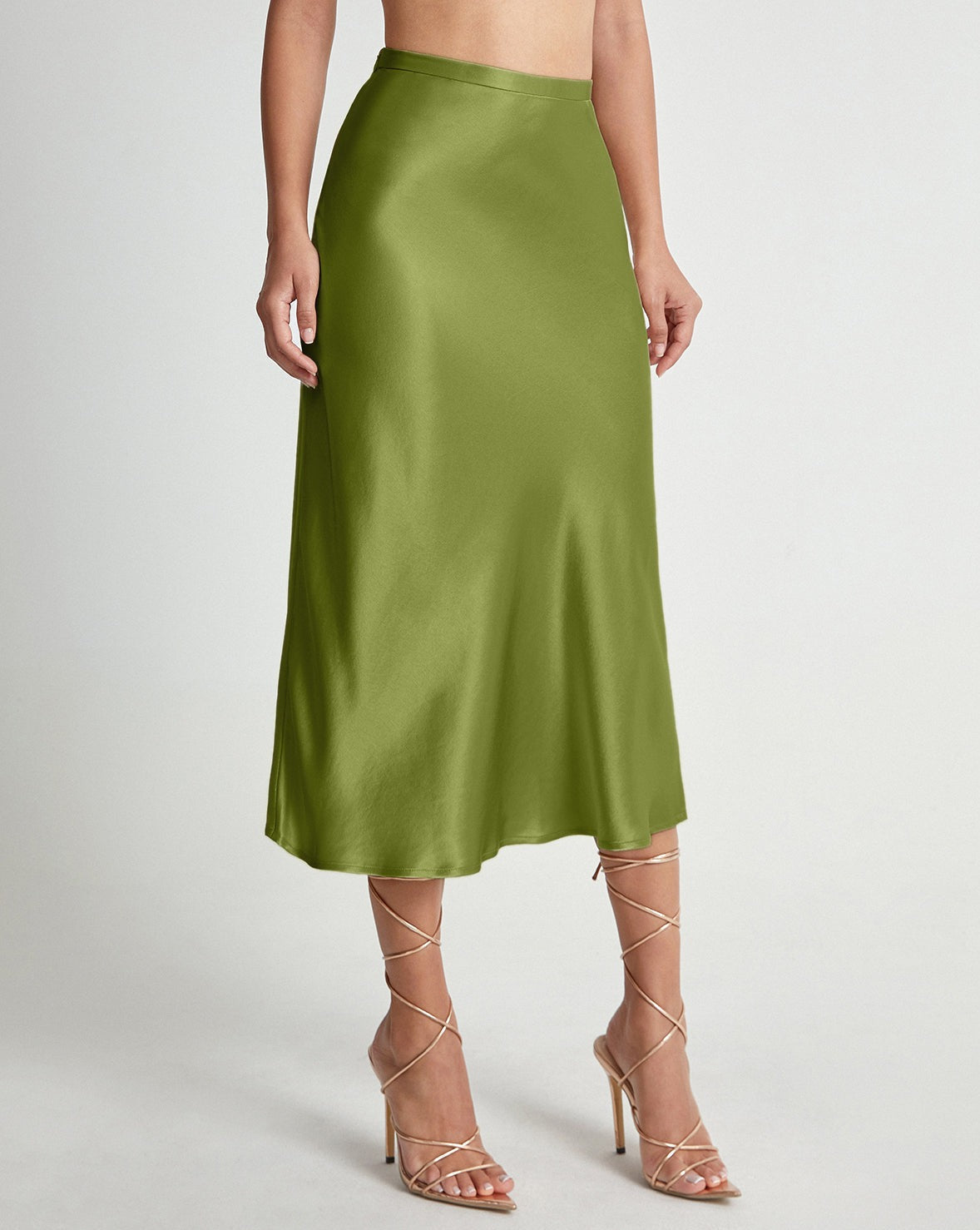 High Waisted Satin Flowy Midi Skirt Dark Green