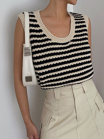 Classy Stripe Crochet Sweater Vest Black