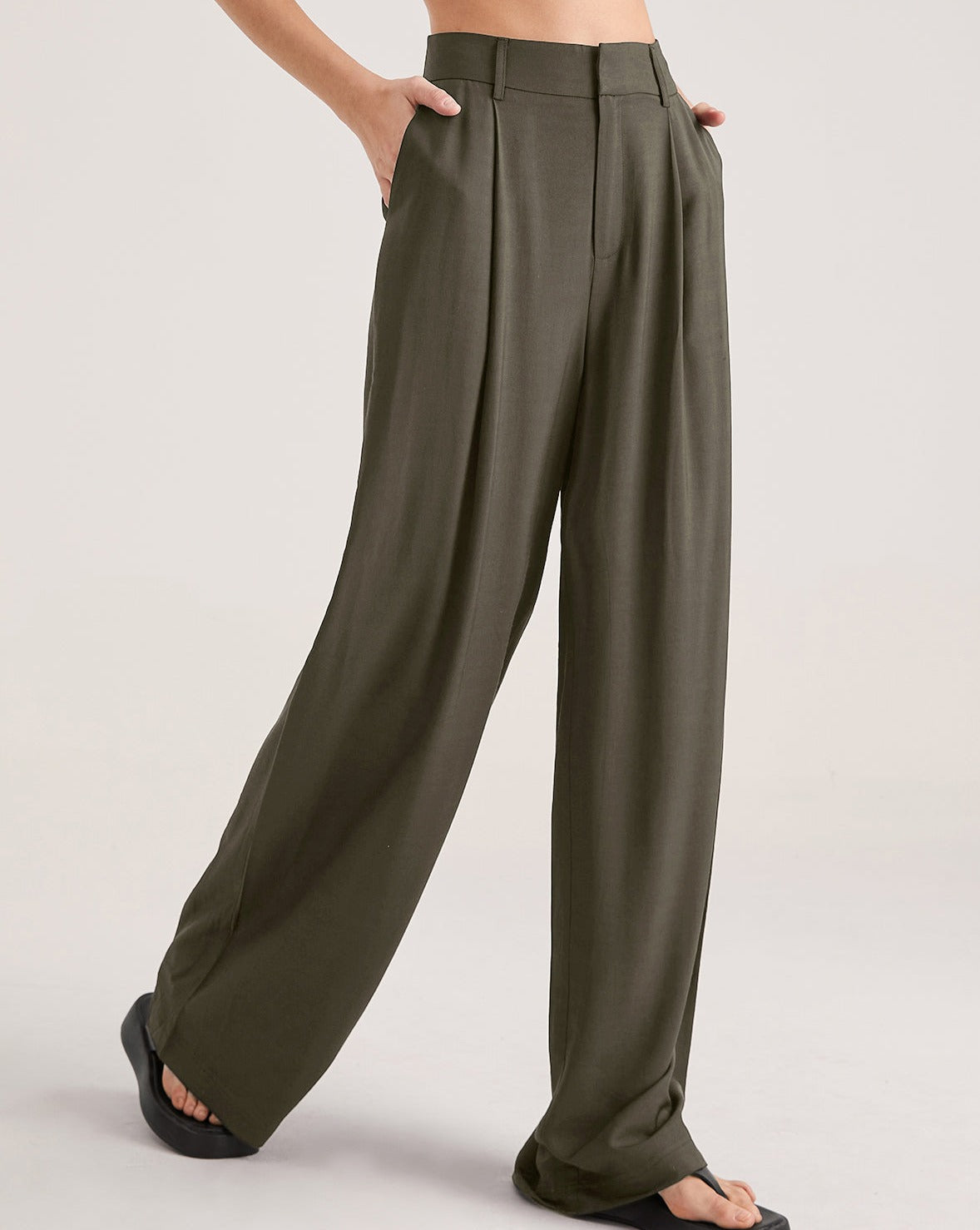 Oversized High Waisted Pleat Front Trousers DarkOliveGreen